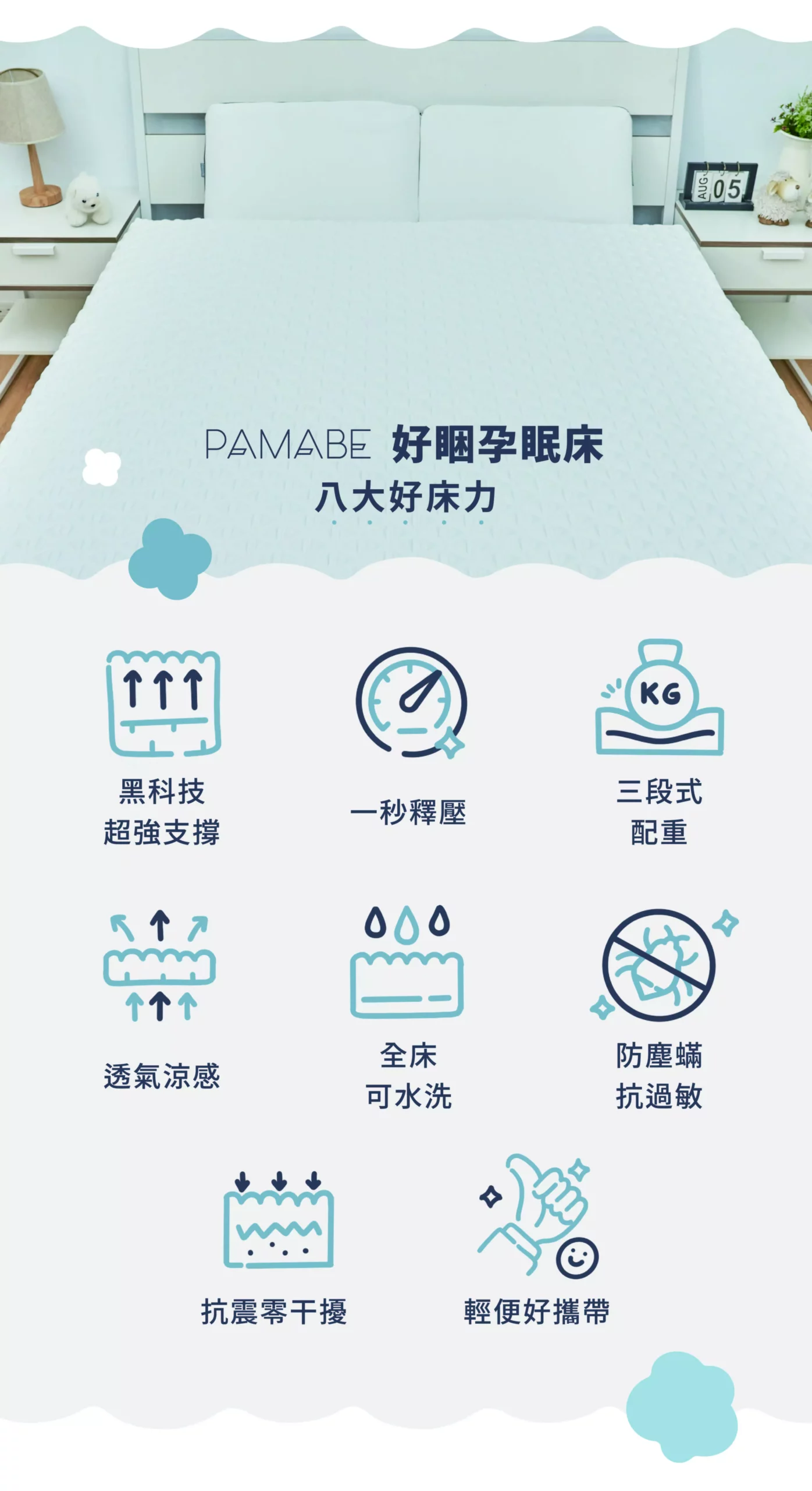 PAMABE懶人保健床雙人床墊展示，安全無毒，通過多項國際認證。