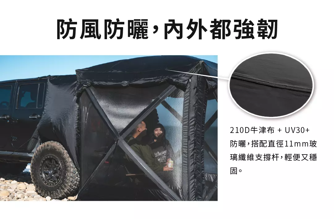 牛津布材質車尾帳細節，具備防水防曬功能